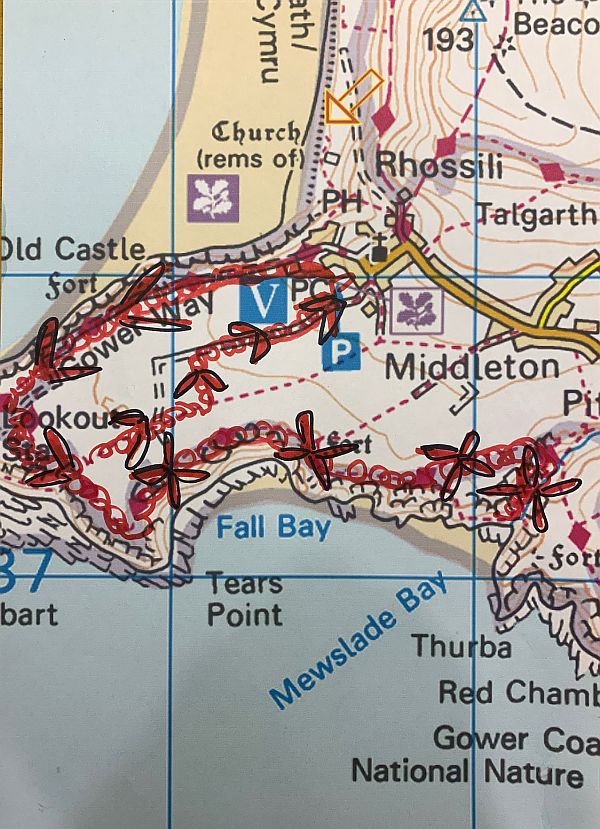 Map of the Gower Peninsula and the walk to Mewslade Bay.