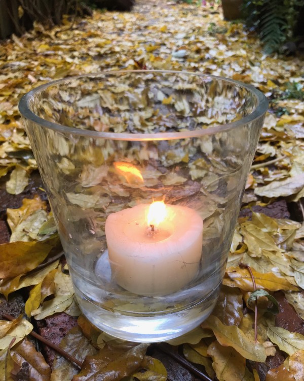 A tealight candle in a glass lit for Diddley amongst the autumn leaves on the ground.