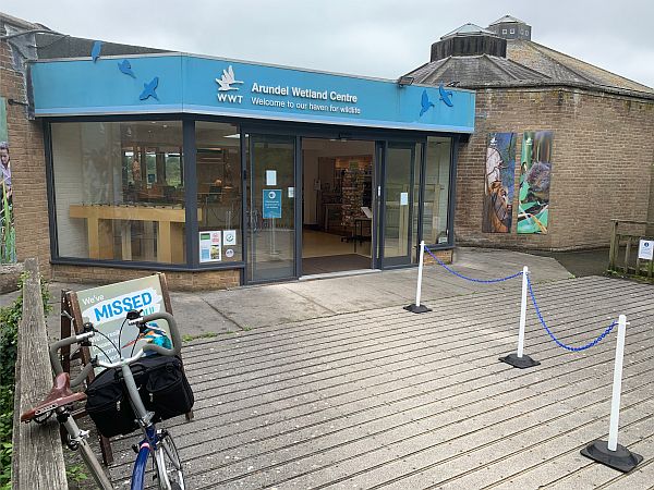The Wildlife and Wetlands Trust main entrance at Arundel. Bobby's bike is parked outside.