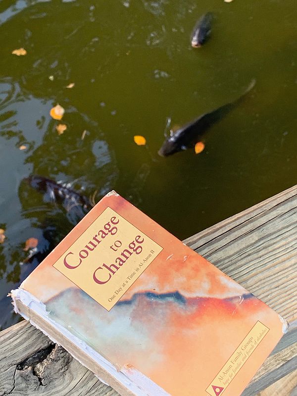 The Al-Anon "Courage to Change" book against a back drop of the pond.