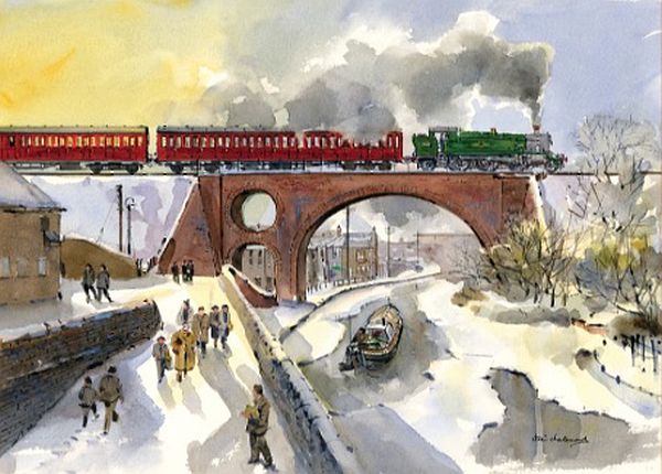 Local steam train crossing a frozen canal, with people passing by in their winter coats.