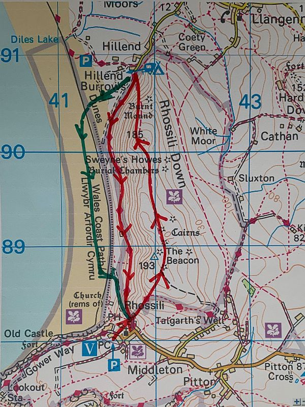 Map of Rhossili Down and walking routes.