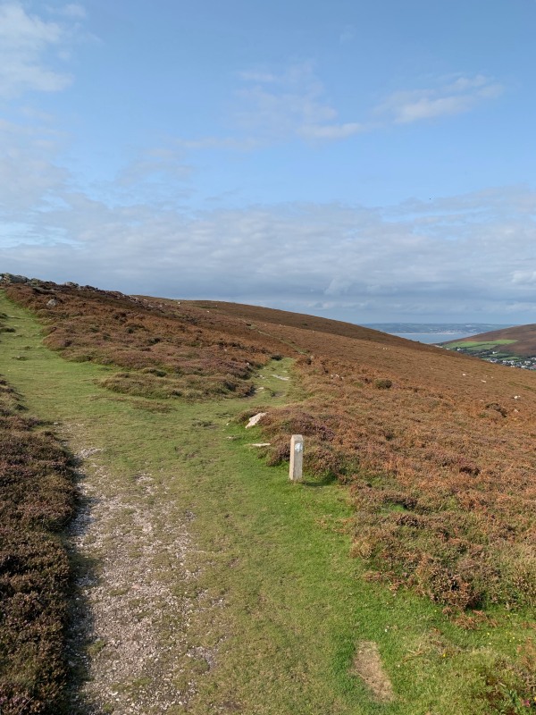 Wooden posts with arrows mark the pathway across the top of Rhossili Down.