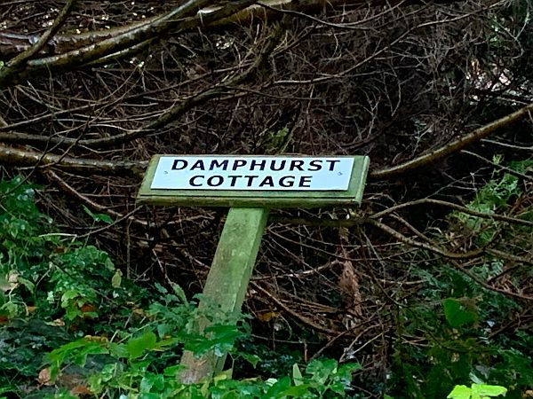A collapsed sign for "Damphurst Cottage"