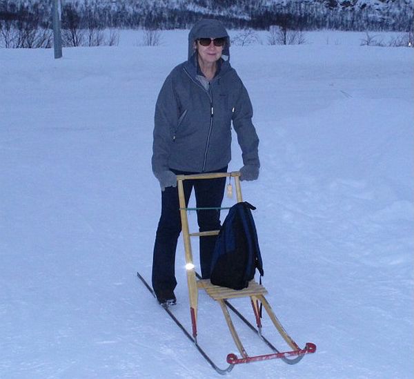 Diddley with a sledge in Kirchenes … within the Arctic Circle.