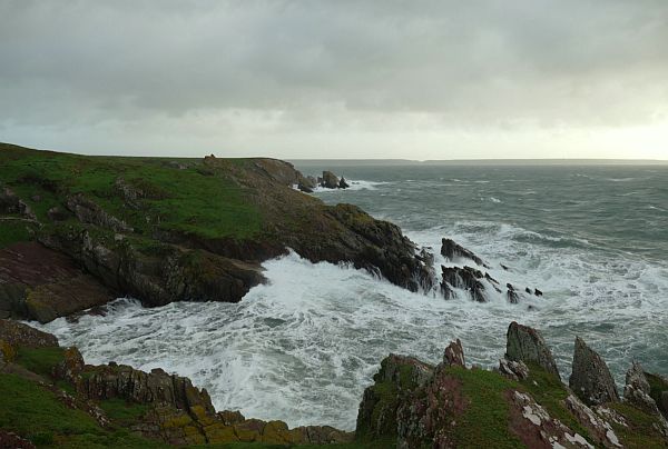 Breakers on the rugged Skokholm coastline.