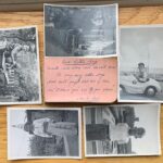 Family history photographs with a pink "Post It" note.