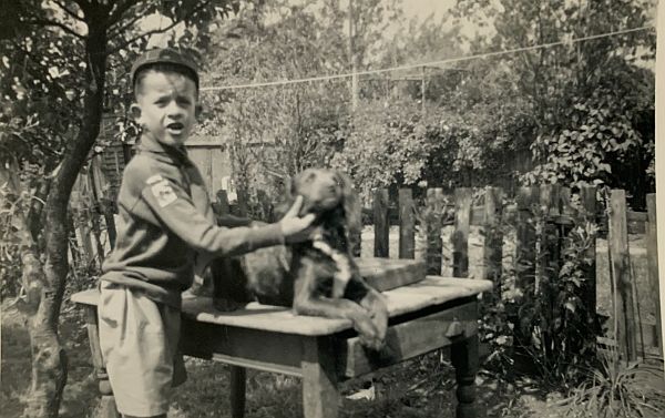 1952. Bobby in his wolf cub uniform. He still has that cap. 2nd North Cheam Cub Pack. And Bruce the dog.