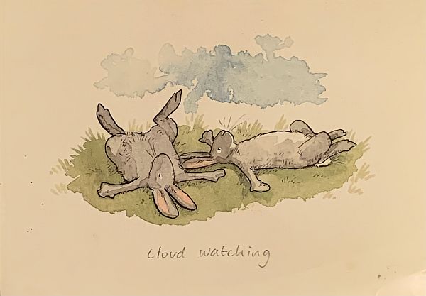 Drawing of two Hares lying on their backs, with the caption "Cloud Watching".