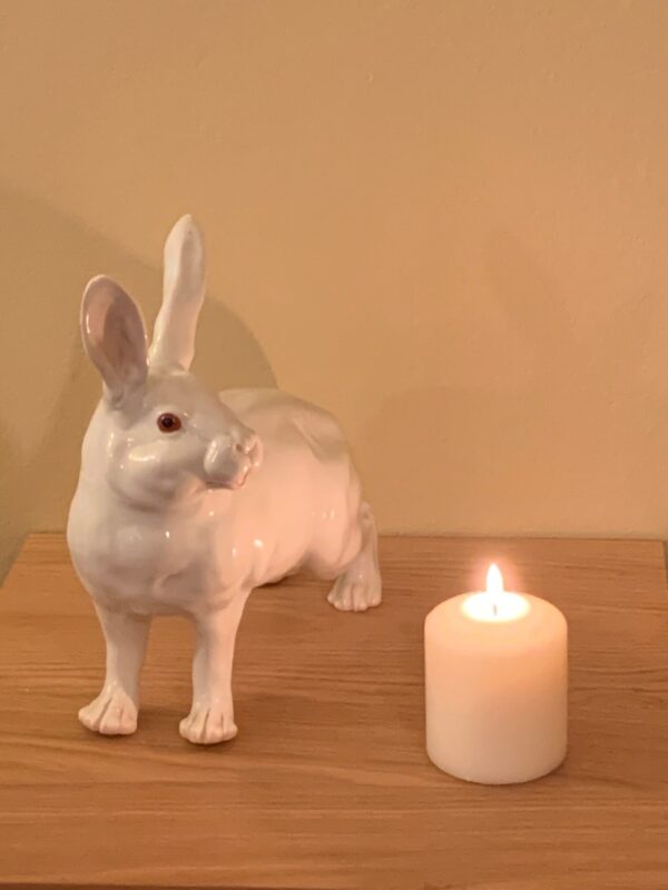 A candle lit for Diddley on the table alongside a white china Hare.