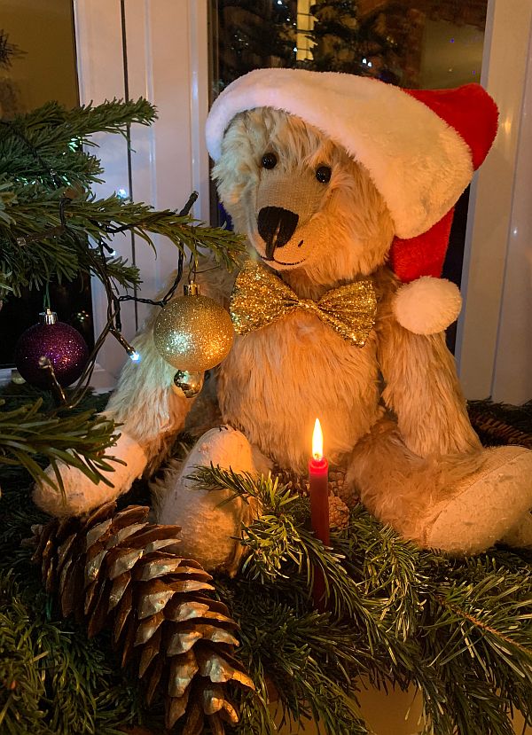 Bertie, wearing a Christmas Hat, by the Christmas Tree, with a candle lit for Diddley in front of him.