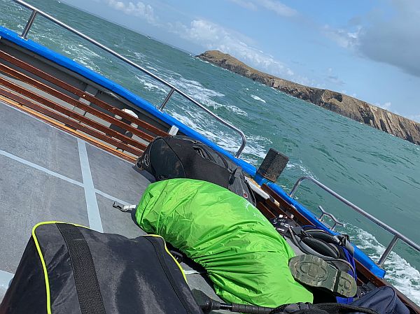 Photograph representing the very choppy sea around Jack Sound with the luggage strapped down on the back deck.