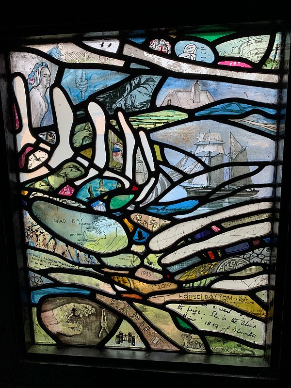 The stained glass window of the toilet door in Lockley Cottage.