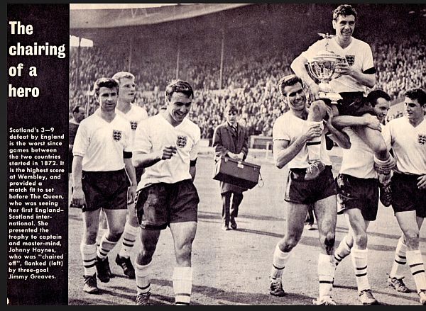 Newspaper article and photograph of the England Team with Johnny Haynes celebrating their 9-3 win over Scotland.