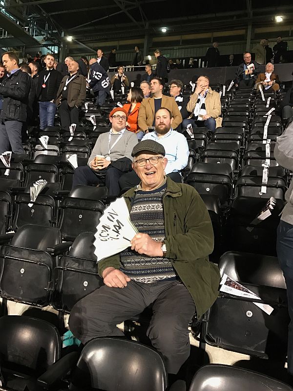 Bobby on one of the seats at Craven Cottage waiting to support Fulham.