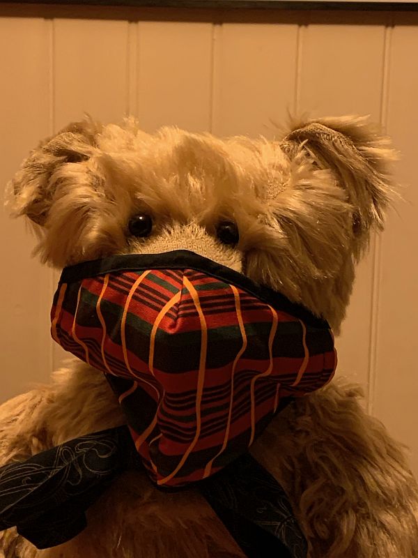 Bertie wearing a Routemaster bus seat moquette pattern face mask.