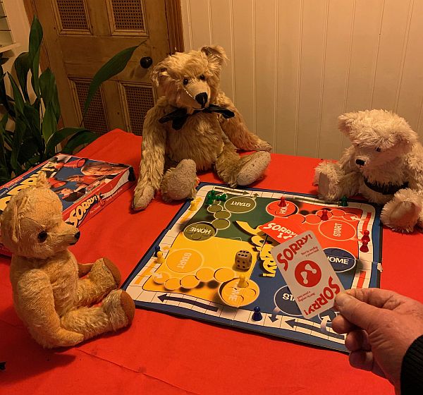 Bertie, Eamonn and Trevor playing Sorry with Bobby.