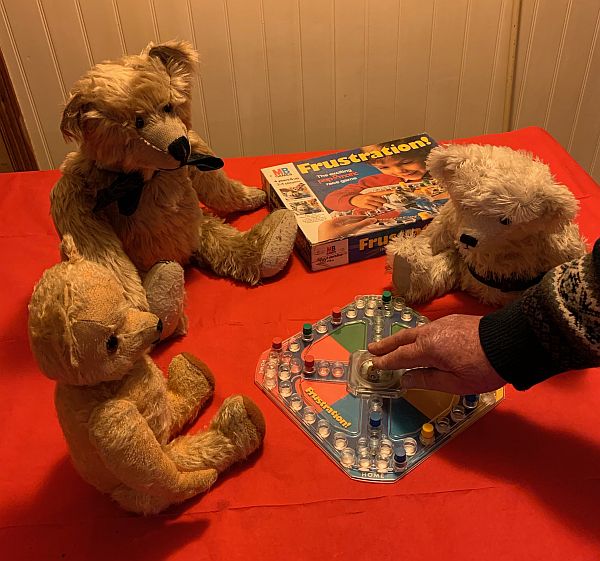 Bertie, Eamonn and Trevor playing Frustration with Bobby.
