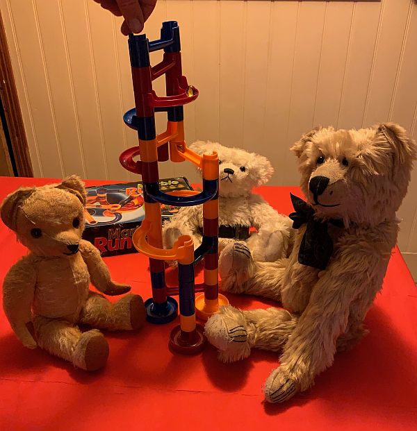 Bertie, Eamonn and Trevor playing Marble Run with Bobby.