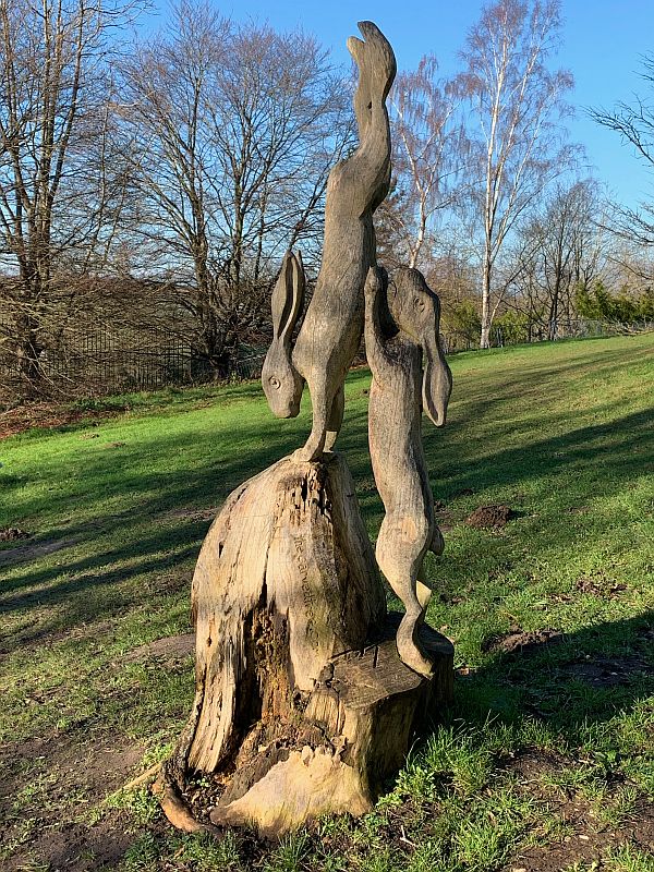 Two rabbits, in an acrobatic pose, carved into a dead tree stump.