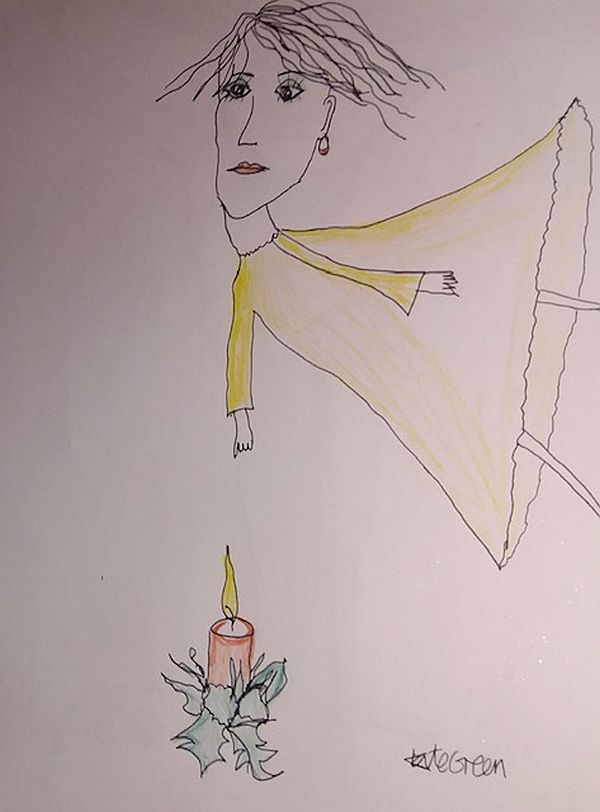 A colour drawing of a candle lit for Diddley with a lady above it.