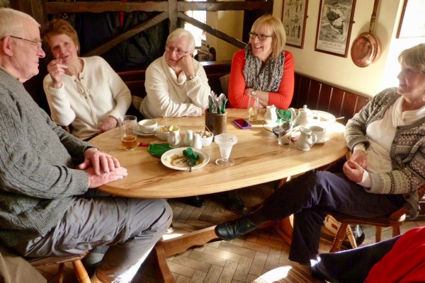 Bobby and the four ladies having lunch at the Butchers Arms, Sheepscombe (nearby).