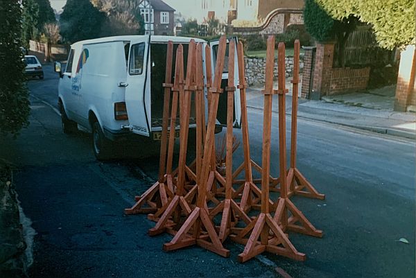 A large number of Bobby's wooden birdhouses dismantled and ready to be delivered.