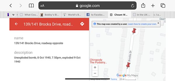 Bomb Map of Sutton and Cheam - close-up on Brocks Drive.