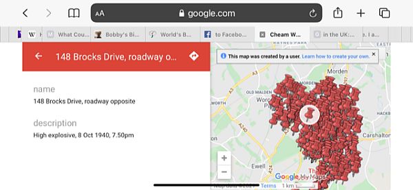 Bomb Map of Sutton and Cheam - close-up on Brocks Drive.