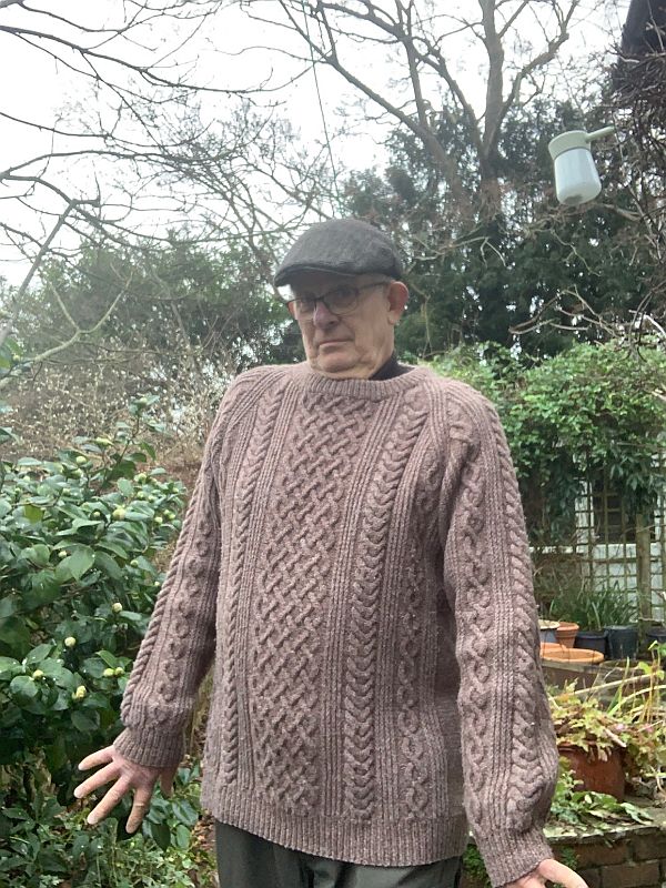 Bobby wearing Wendy's Jumper in the garden.