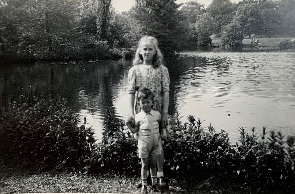 Black and White photo of Wendy and Bobby by a pond.