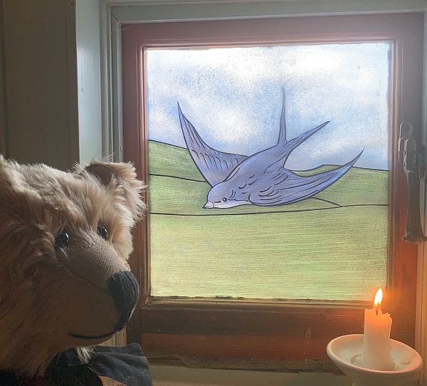 A candle lit for Diddley in front of Diddley's Bluebird window. Bertie is looking on.