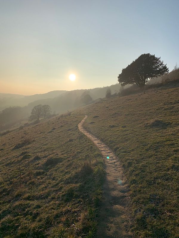 A gravel path along a hill slope with a misty sun in the background.