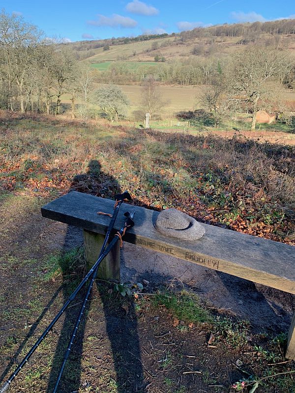 Bobby's shadow on Diddley's Bench looking north to the North Downs, along with his walking poles.