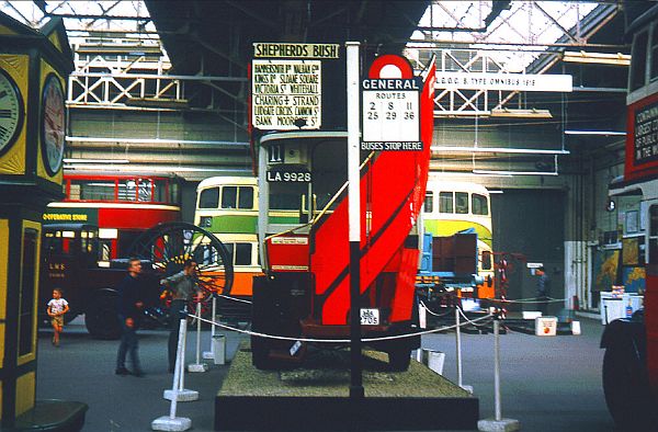 Old London buses and trams inside the British Transport Museum at Clapham.