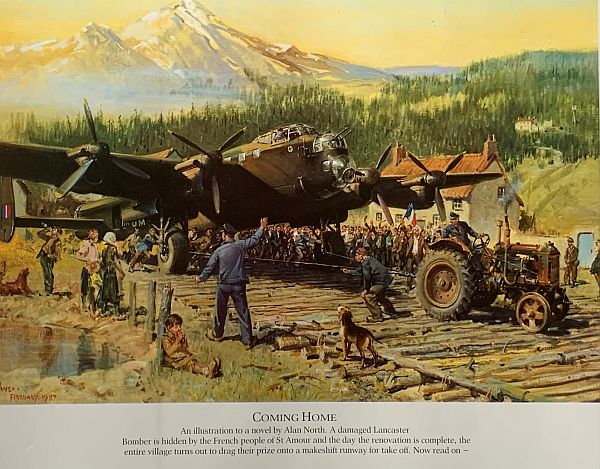 Coming Home. An illustration to a novel by Alan North. A damaged Lancaster Bomber is hidden by the French people of St Amour and the day the renovaation is complete, the entire village turns out to drag their prize onto a makeshift runway for take-off.