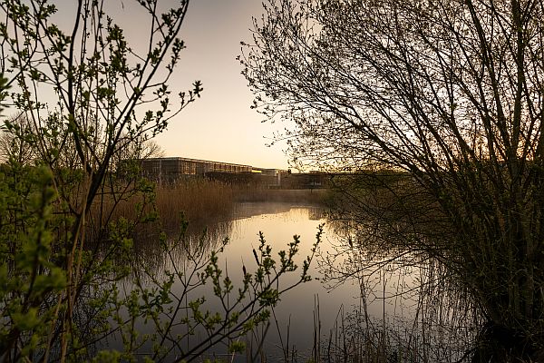 View of the Rolls-Royce plant across the lake.