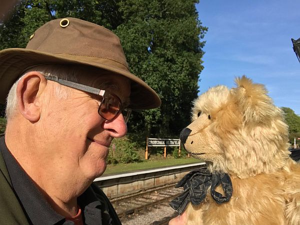 Bobby & Bertie looking at each other enjoying one of their heritage rail weekend.Crowcombe Heathfield Station. West Somerset Railway.