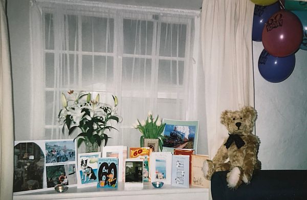 Bertie alongside Bobby's 60th Birthday cards.