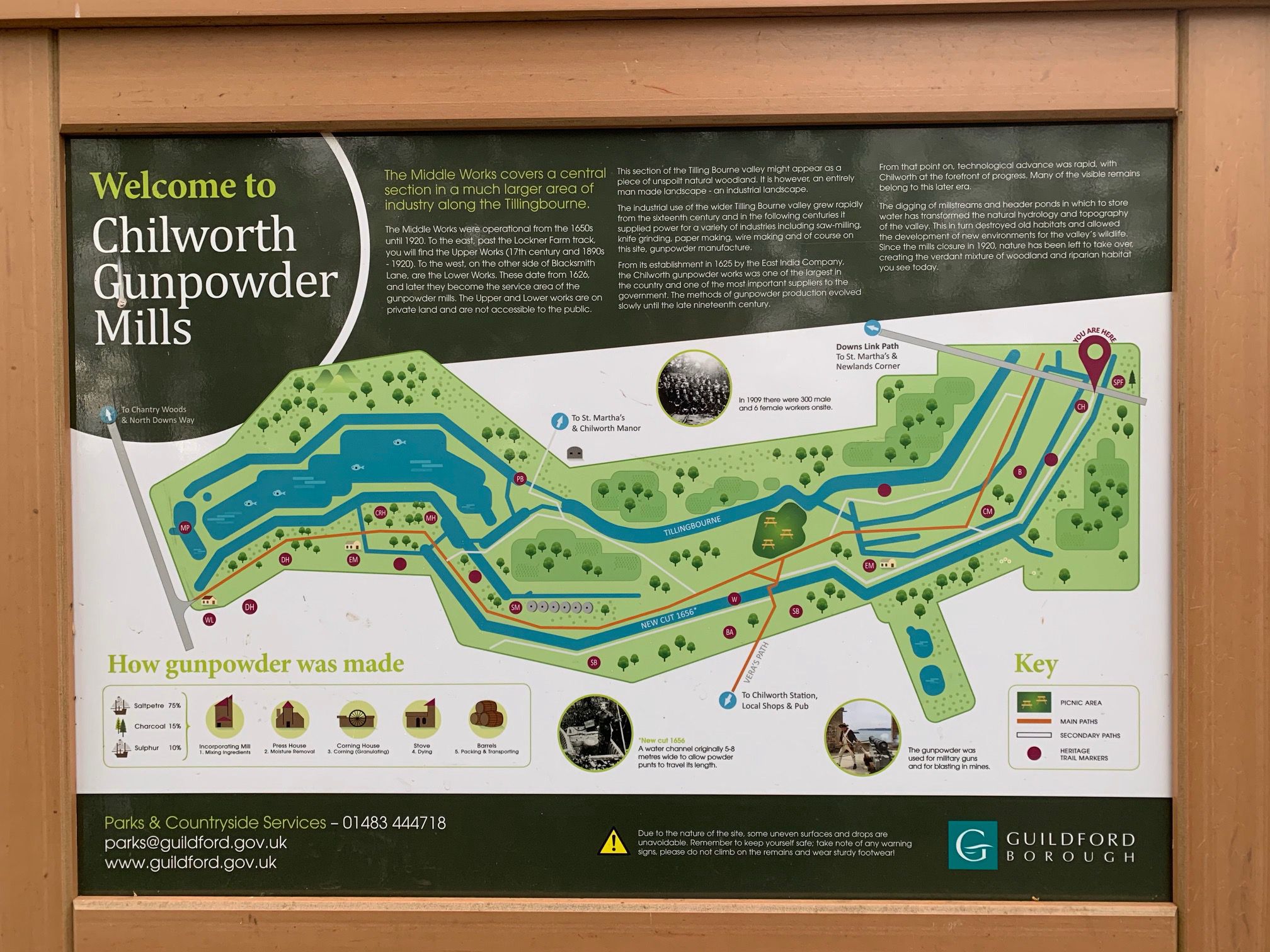 Information panel for Chilworth Gunpowder Mills.