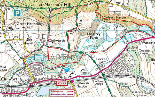 OS Map of Chilworth and St Martha's.