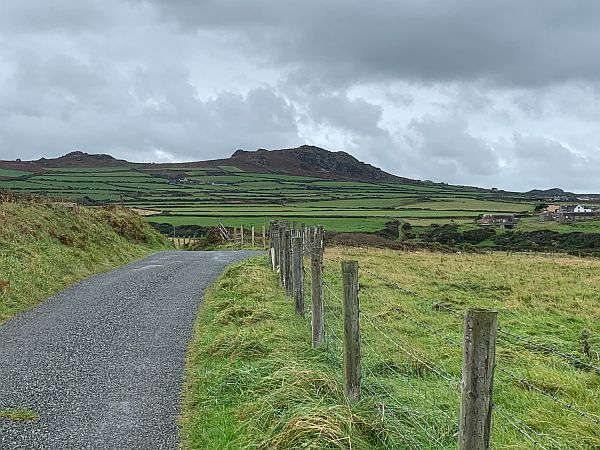 The lane from Strumble Head, with Garn Fawr in the distance.