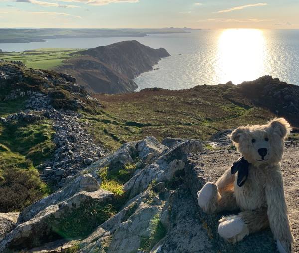 Bertie sat of Garn Fawr, with the sun reflecting on the sea in the background.