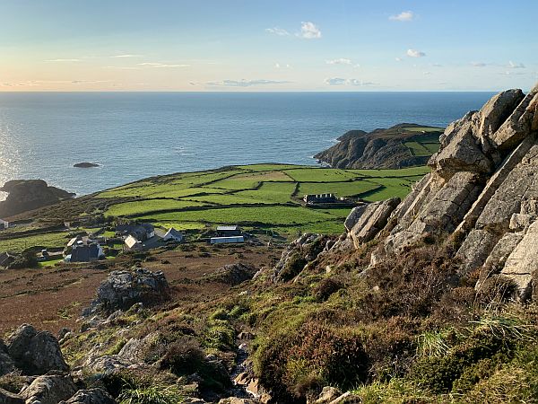 View from Garn Fawr of the Pembrokshire coast with the sea in the distance.