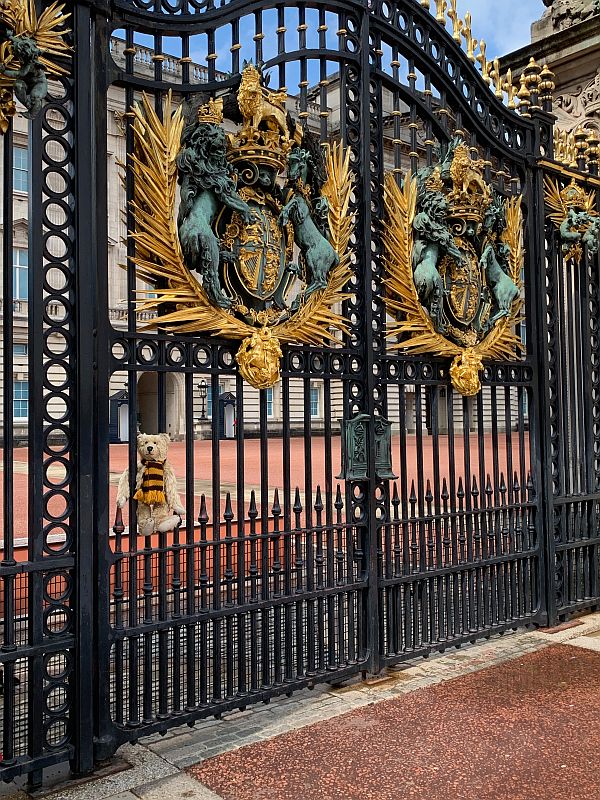 Bertie sat on the gates of Buckingham Palace.