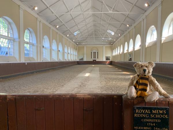 Bertie sat on the wooden fence of the Royal Mews Riding School. "Completed 1764".