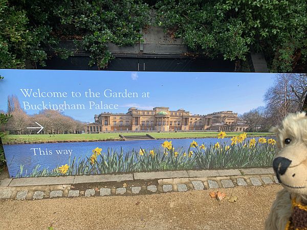 Bertie by the sign pointing to the Garden at Buckingham Palace.