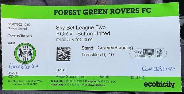 Away ticket for Forest Green Rovers FC v Sutton United.