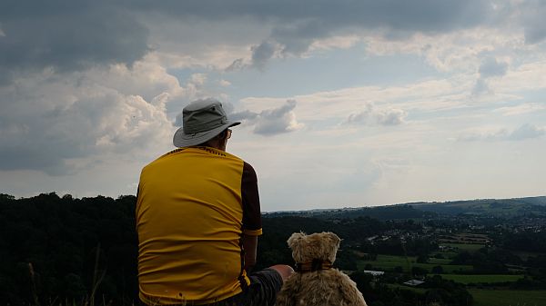 Rear view of Bobby & Bertie enjoying the view from Swift's Hill.