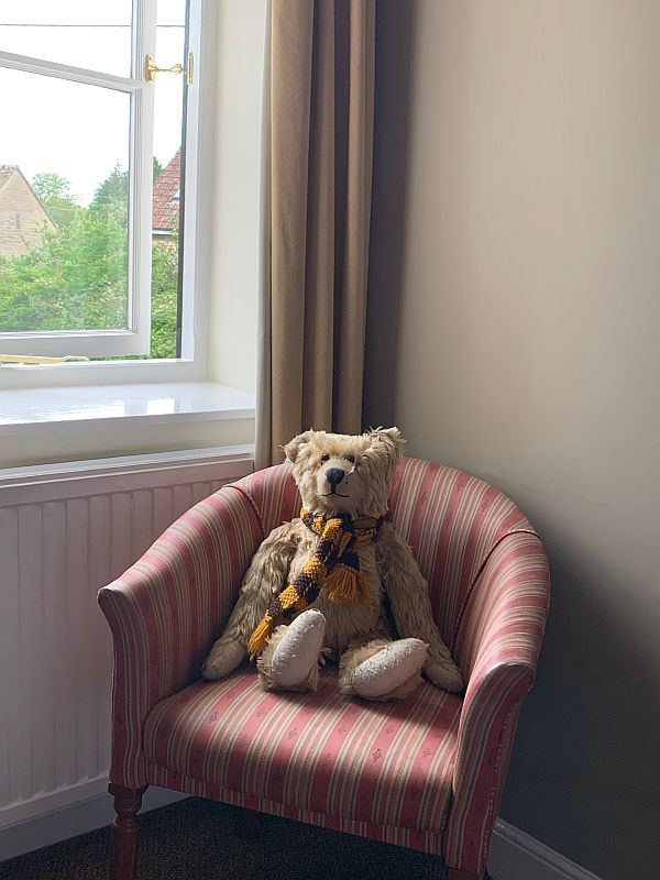 Bertie sat on a chair in the window of their room at the Frocester George.